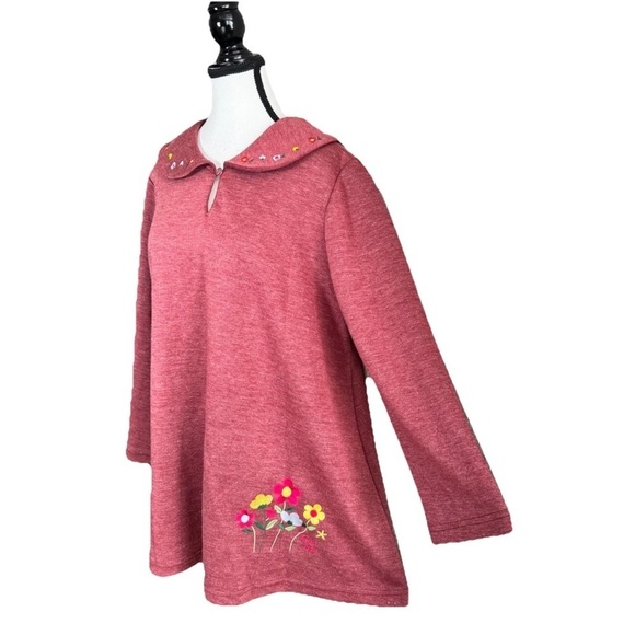 Source Unknown Tops - Peter Pan Collar A-Line Burgundy Twee Tunic Top Dress Size*M Embroidered Korean